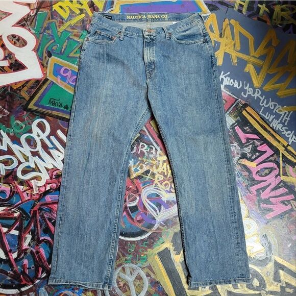 Y2K Nautica Jeans Co. Relaxed Fit Denim Jeans 34x30 w yellow pockets & zipper - Picture 1 of 12